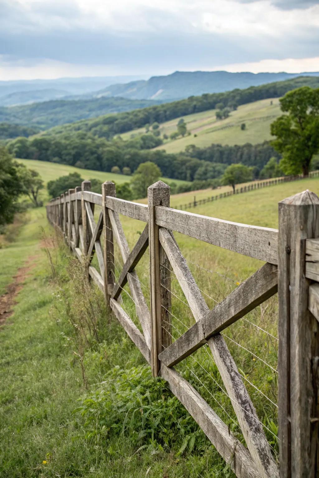 An artistic crossbuck fence enriches the pastoral vista.