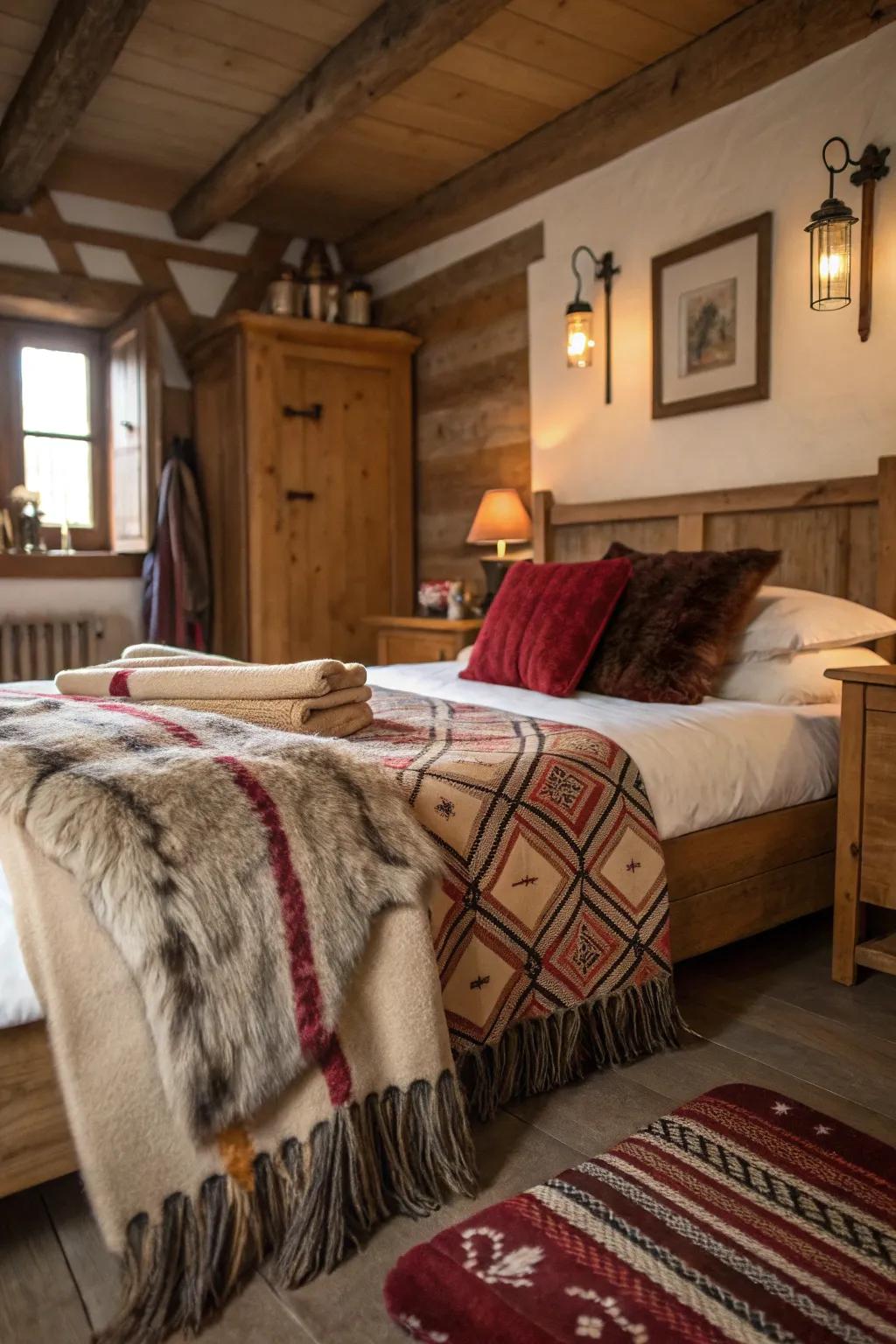 A countryside bedroom featuring woolen blankets and faux fur throws for added warmth.
