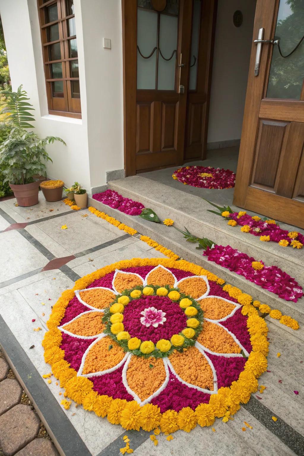 Flower petals fashion a delicate and aromatic rangoli, enhancing Diwali's celebratory mood.