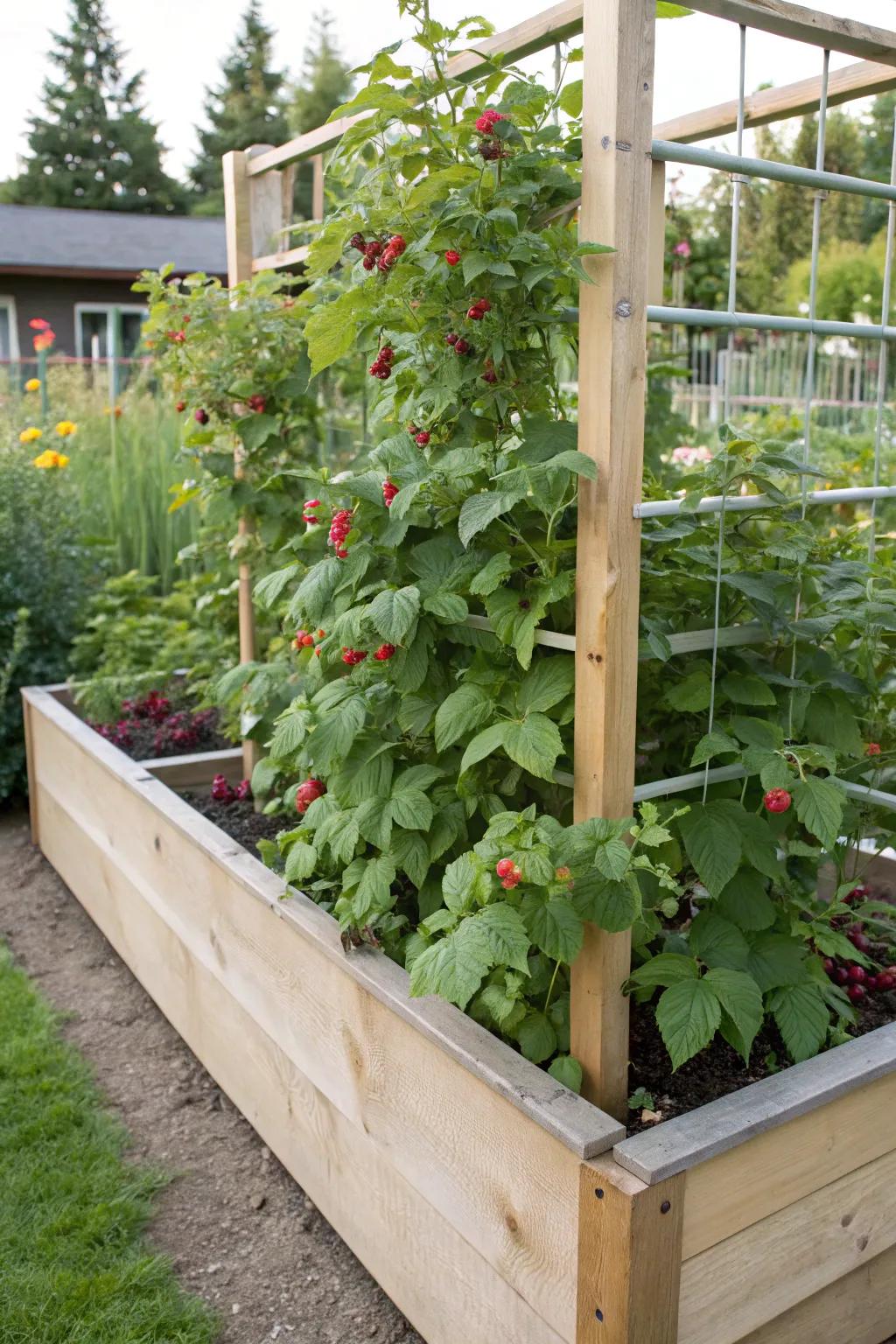 A raised bed with an attached trellis enhances both ease and aesthetic appeal.