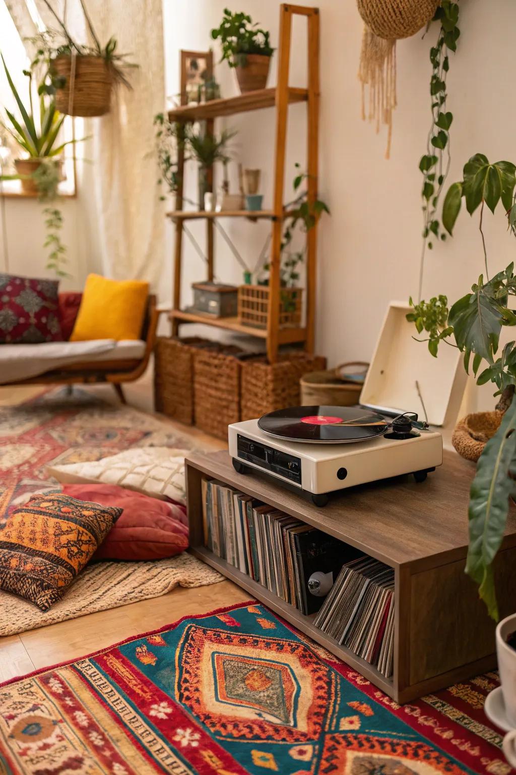 Bohemian record player space featuring textiles and plants.