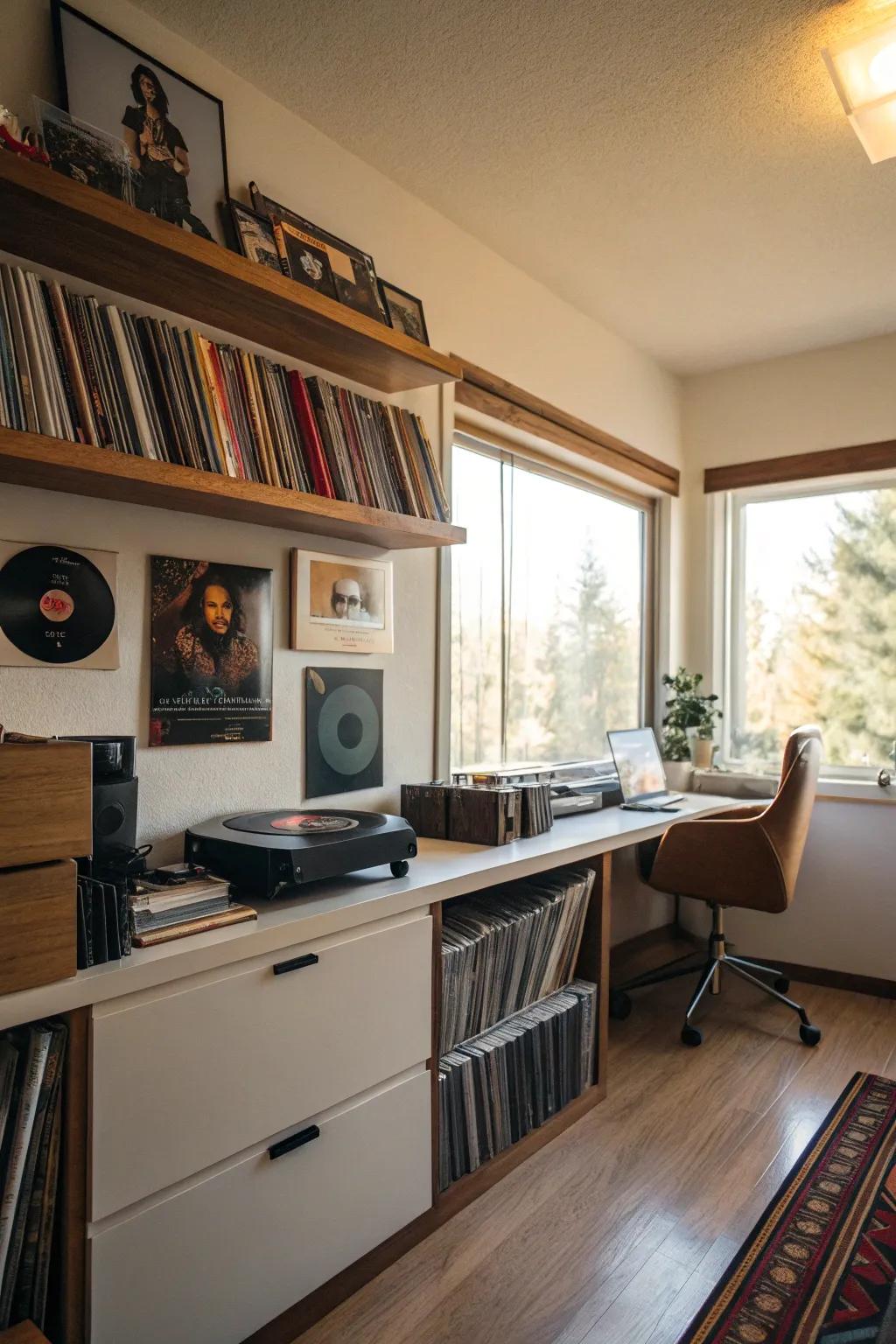 Wall-attached planks morph your records into a visual exhibit.