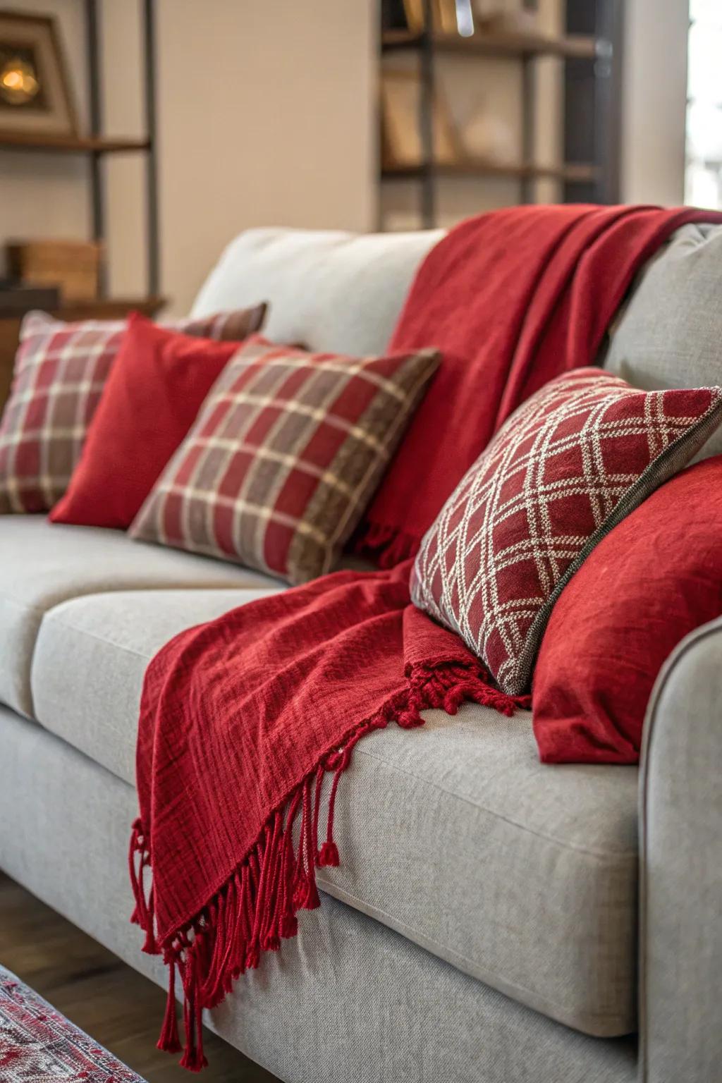 A grey sofa tastefully adorned with red throws for an inviting ambiance.