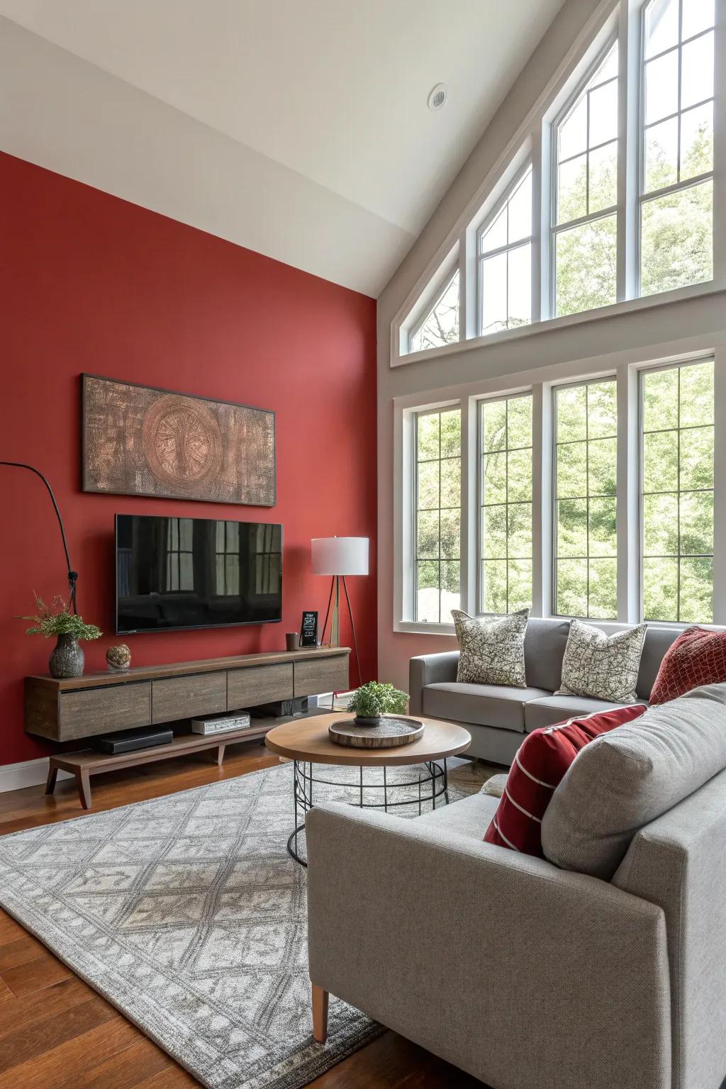 A stunning red feature wall makes a bold statement in an otherwise understated area.