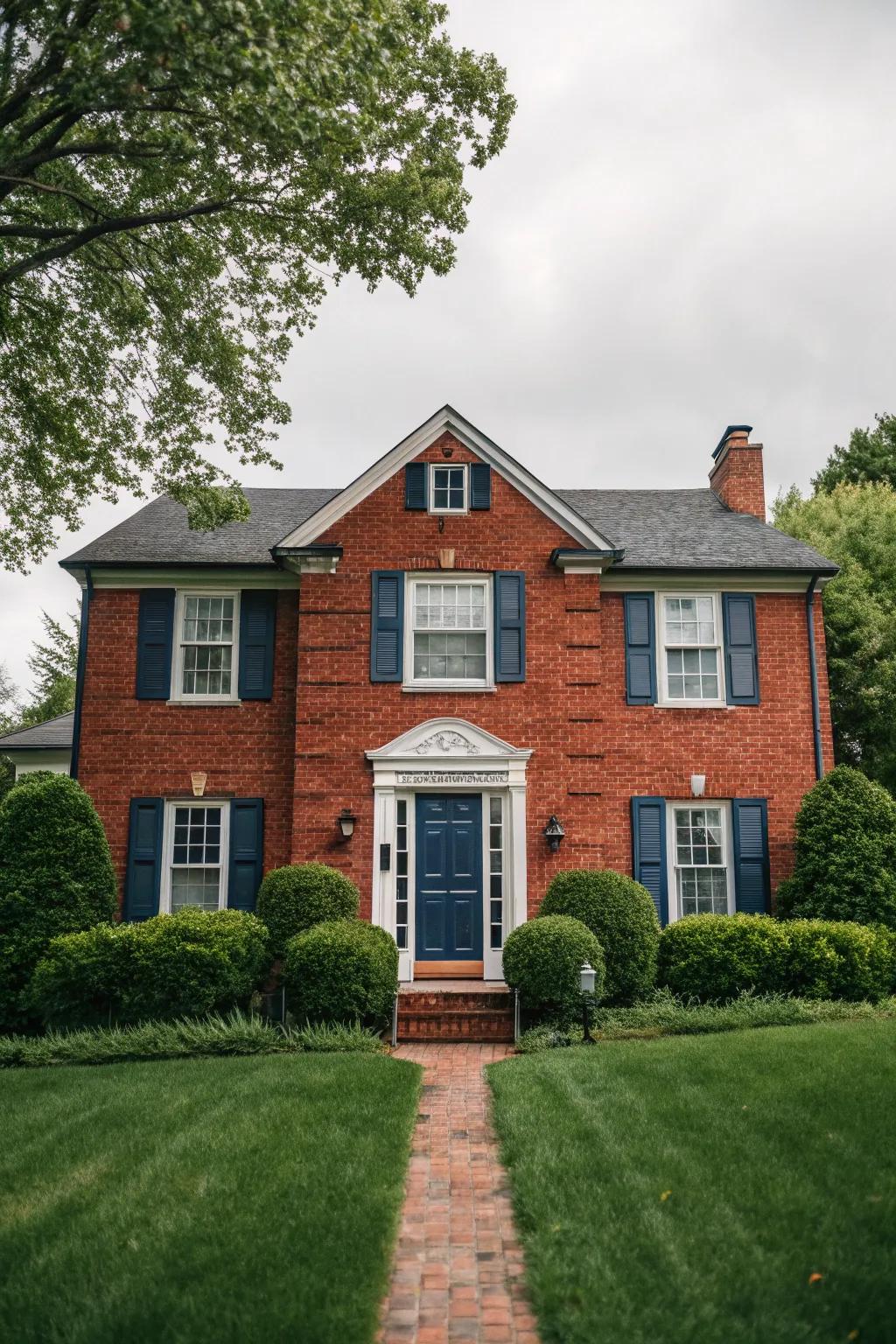 Bold navy touches enhance the red brick house.