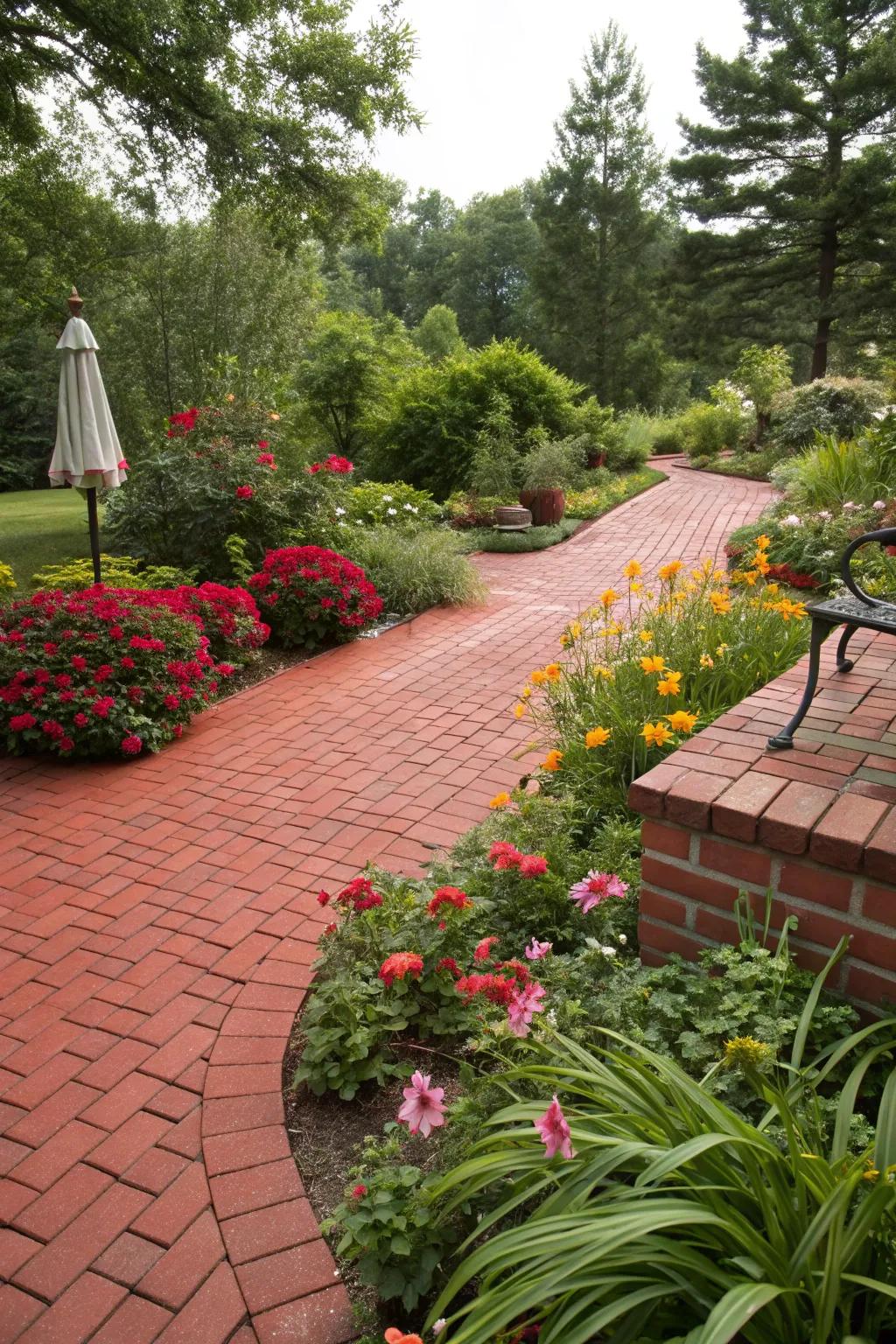 A red brick patio elevated by vibrant garden plants
