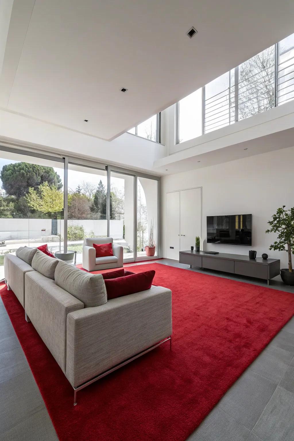 A contemporary minimalist lounge showcasing a refined scarlet floor covering.