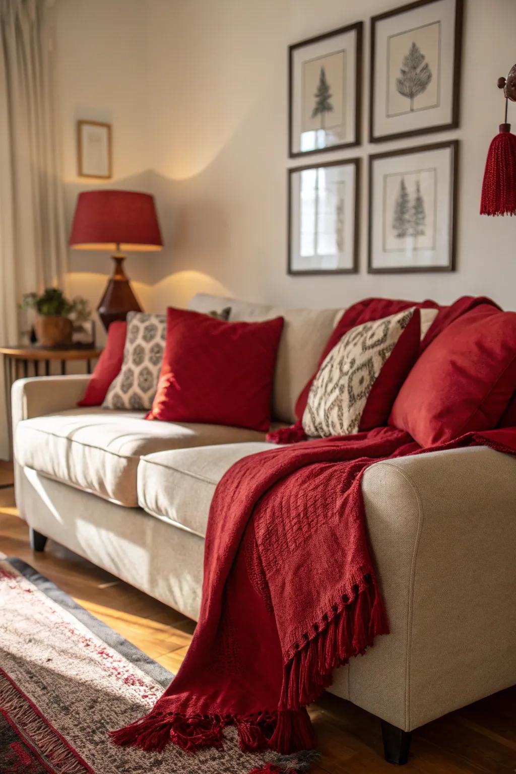 A lounge enhanced with comforting crimson highlights.