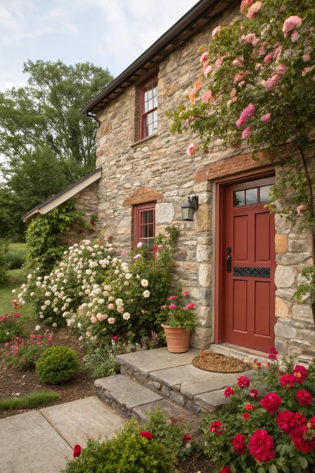 Rustic stone house complemented by a welcoming terracotta red entrance.