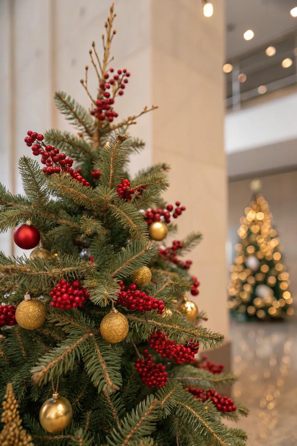 Crimson berries and gilded branches infuse a natural element into the festive decorations.