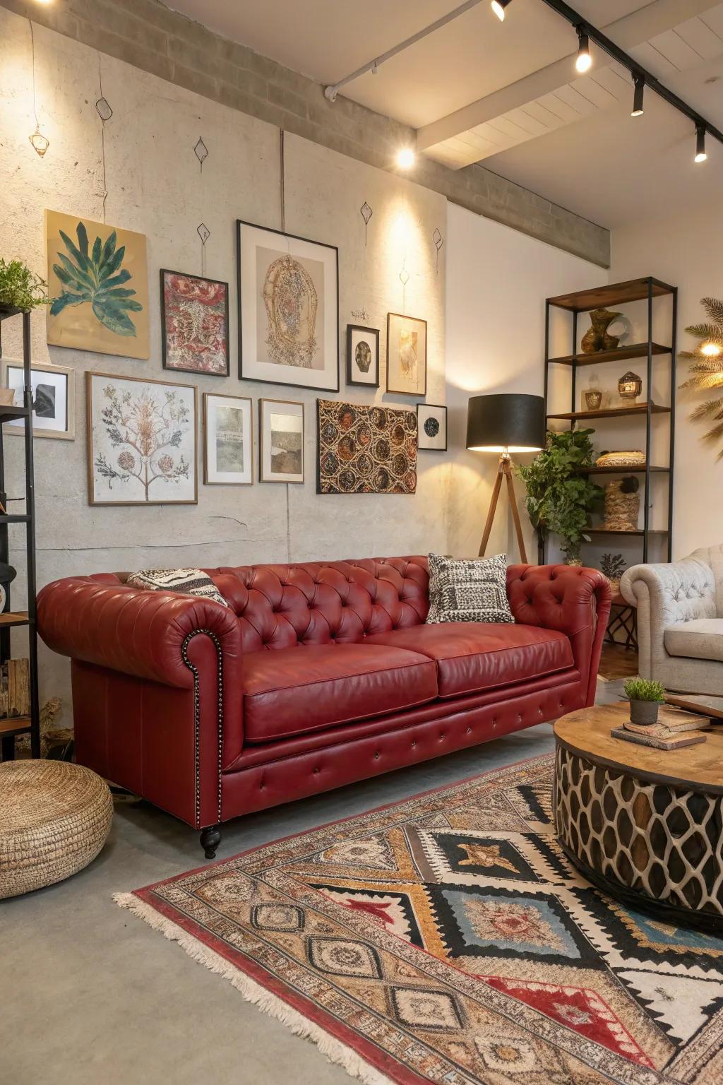 Varied décor emphasizes the vivid essence of a scarlet hide settee.