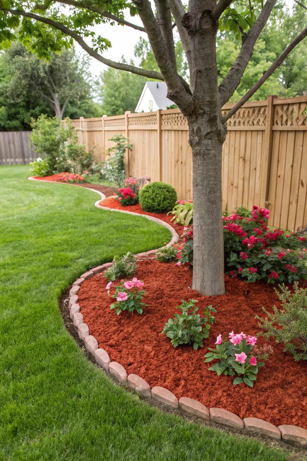 Crimson ground cover around tree bases emphasizes their beauty while providing protection.