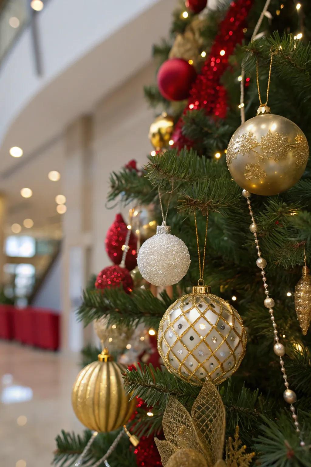 Glistening gold decorations fashion a luxurious Christmas tree theme.