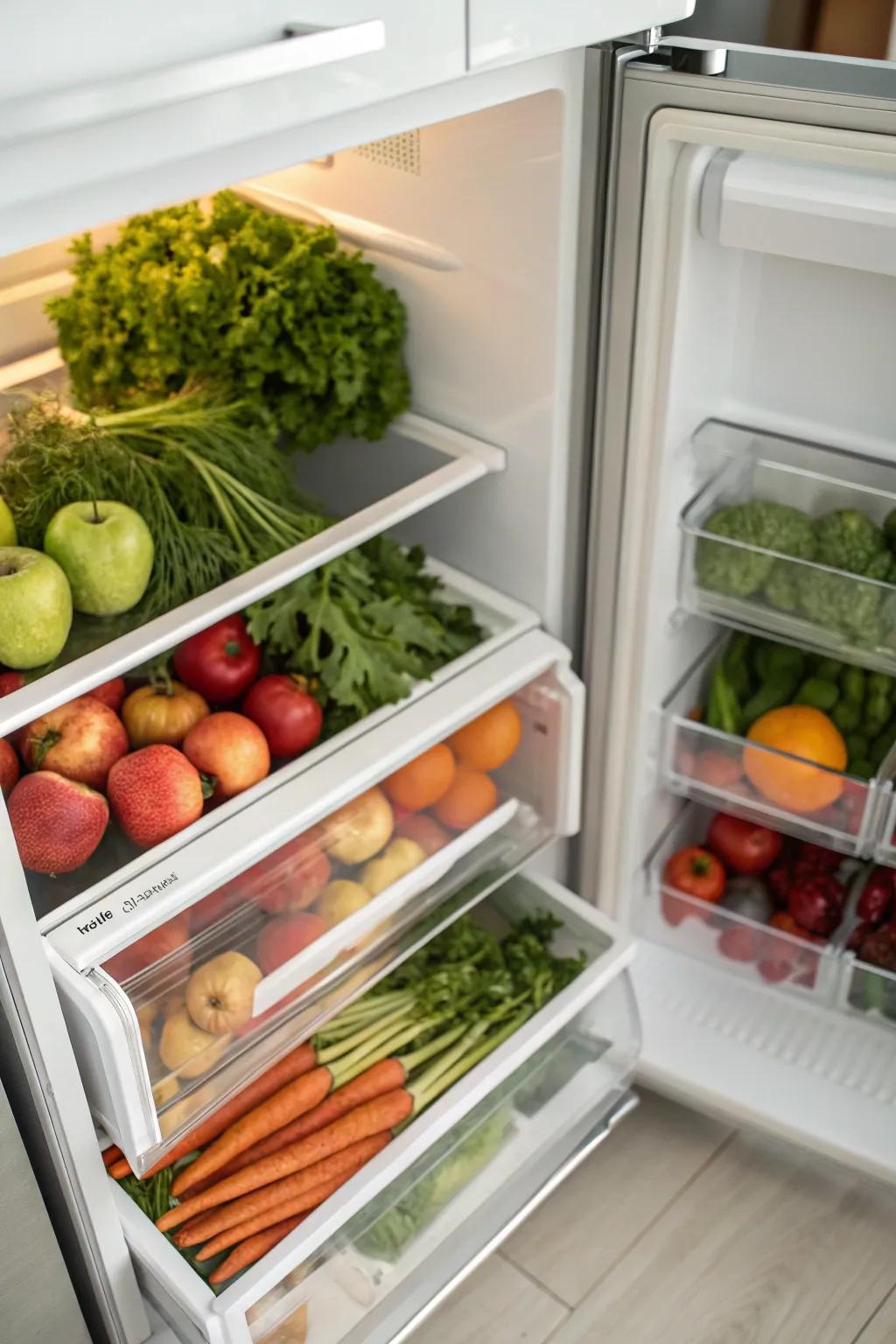 Designated drawers for specific food groups improve freshness and organization.