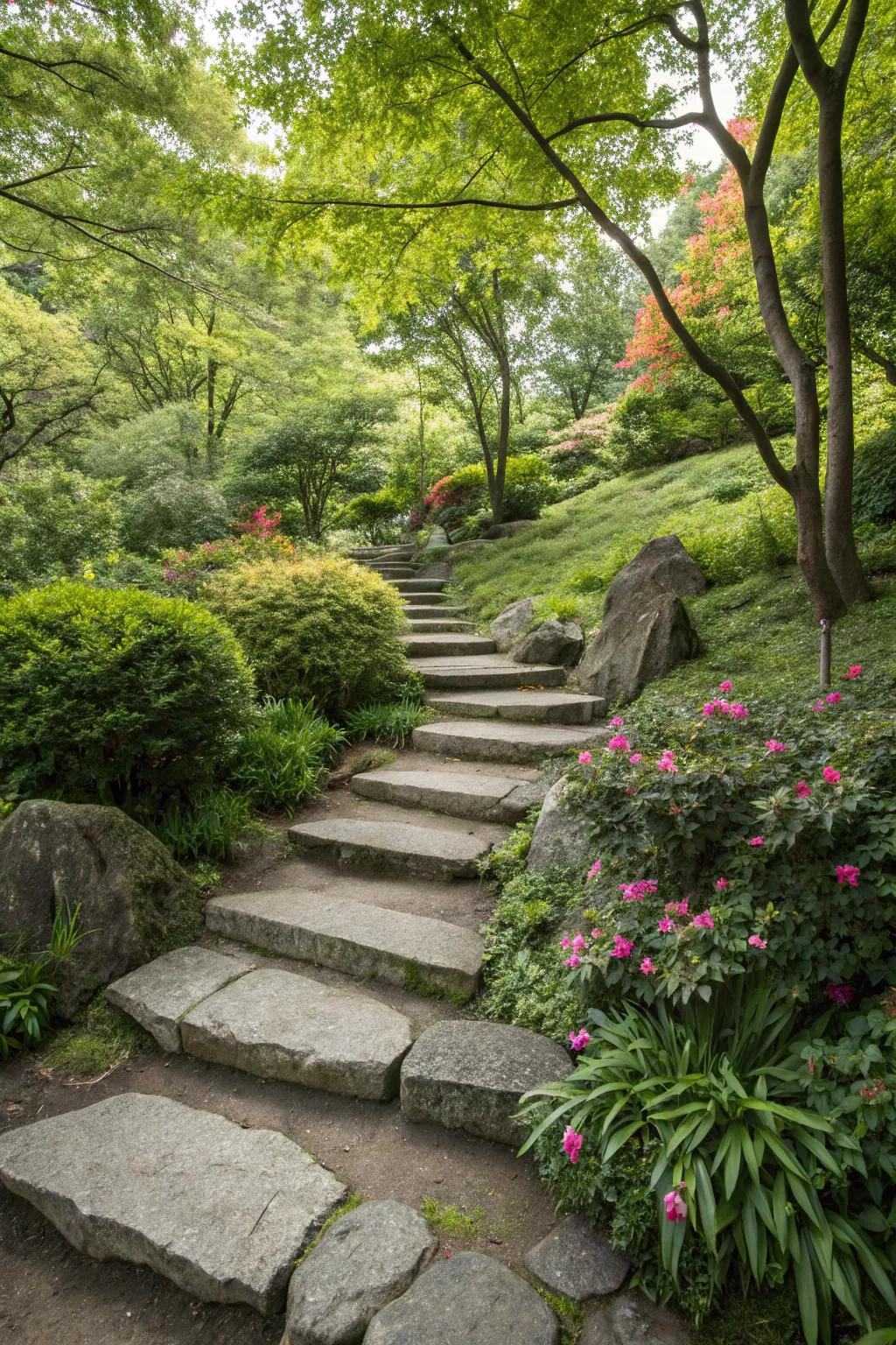 Stone steps contribute an element of countryside charm to your garden path.