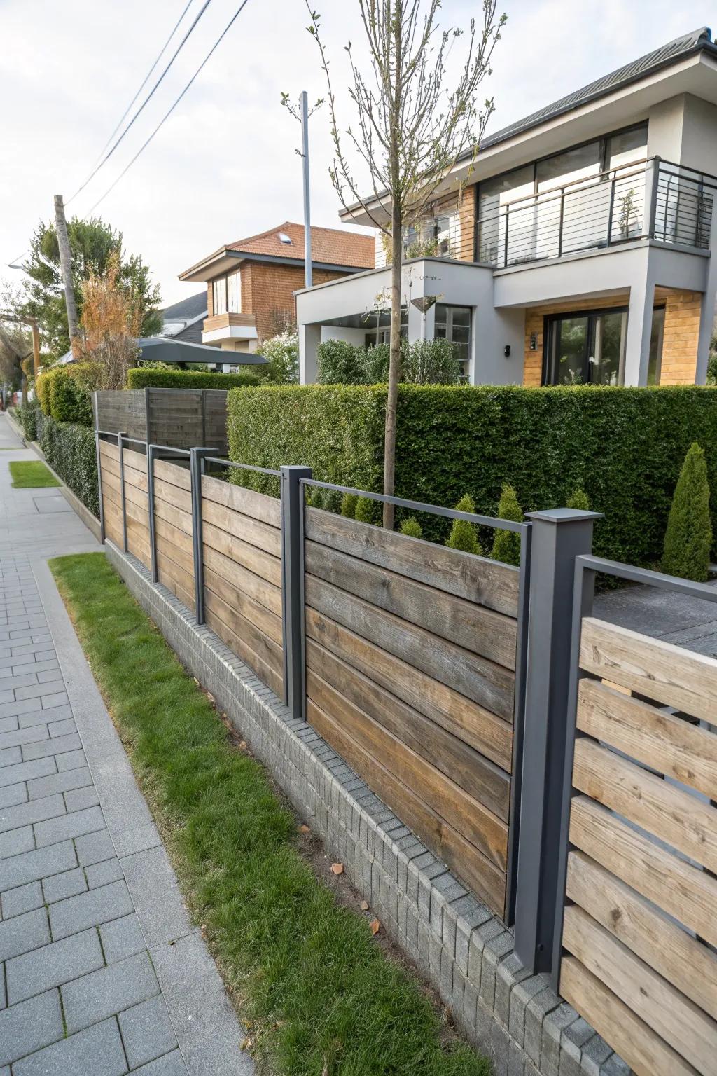 A timber and metal fence impeccably balances visual appeal with resilience.