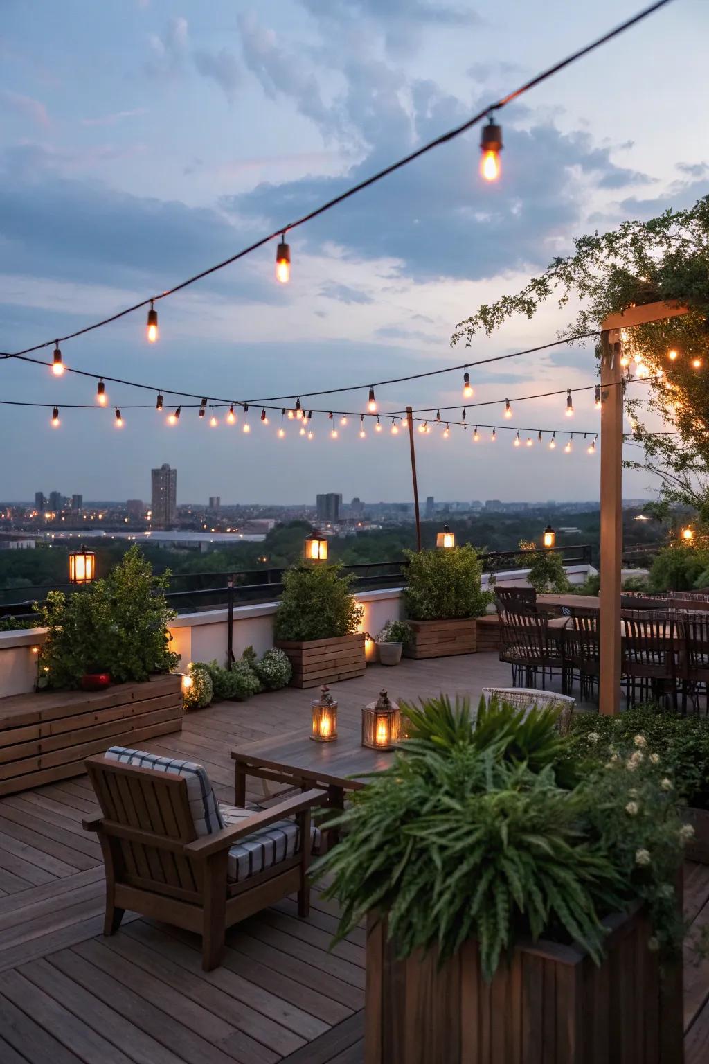 Illuminate your rooftop deck with ambient lighting to create a magical evening atmosphere.