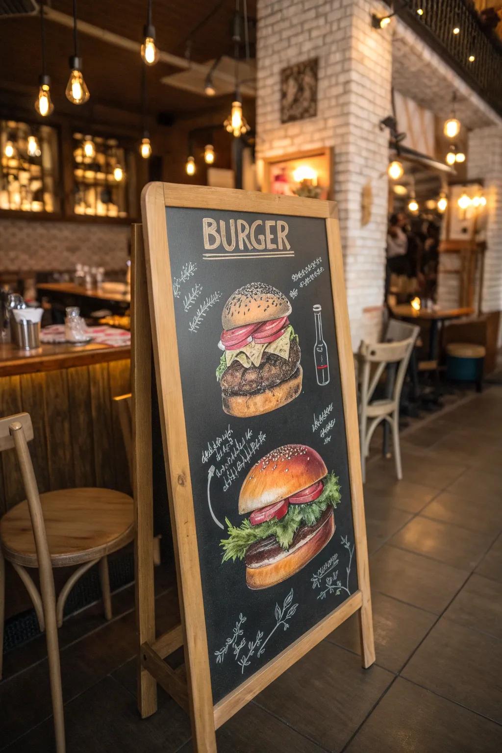 A rustic chalkboard featuring a detailed burger illustration with labeled ingredients.
