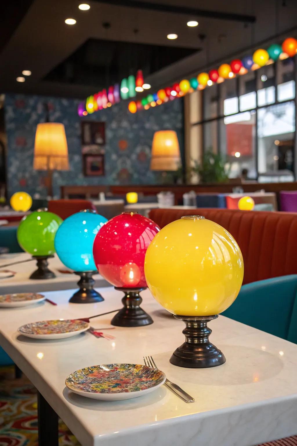 Vibrant glass sphere table lamps situated on a restaurant table, encircled by vivid decoration.