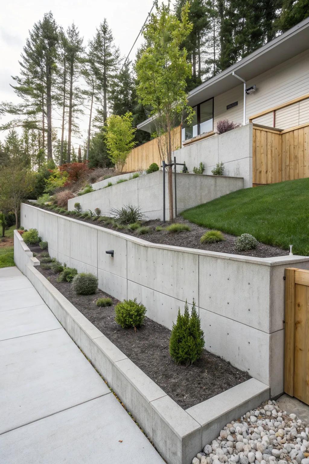 Contemporary cement features offer a streamlined and organized appeal to gardens.