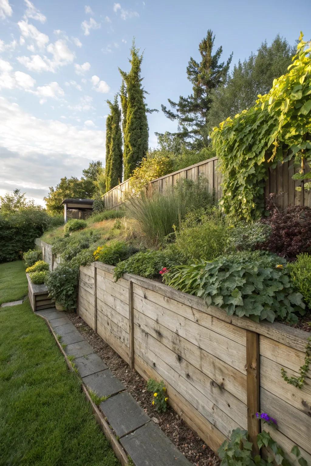 Retaining walls made of wood evoke warmth and natural appeal.
