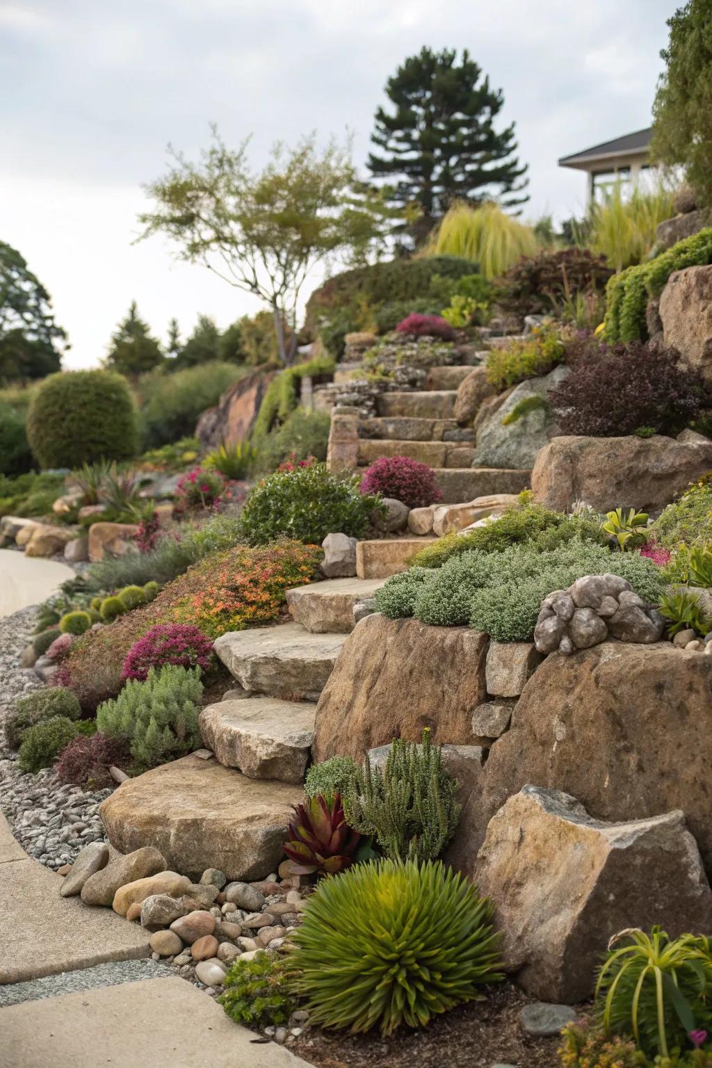 A layered rock garden displaying a diverse range of plants and textures.