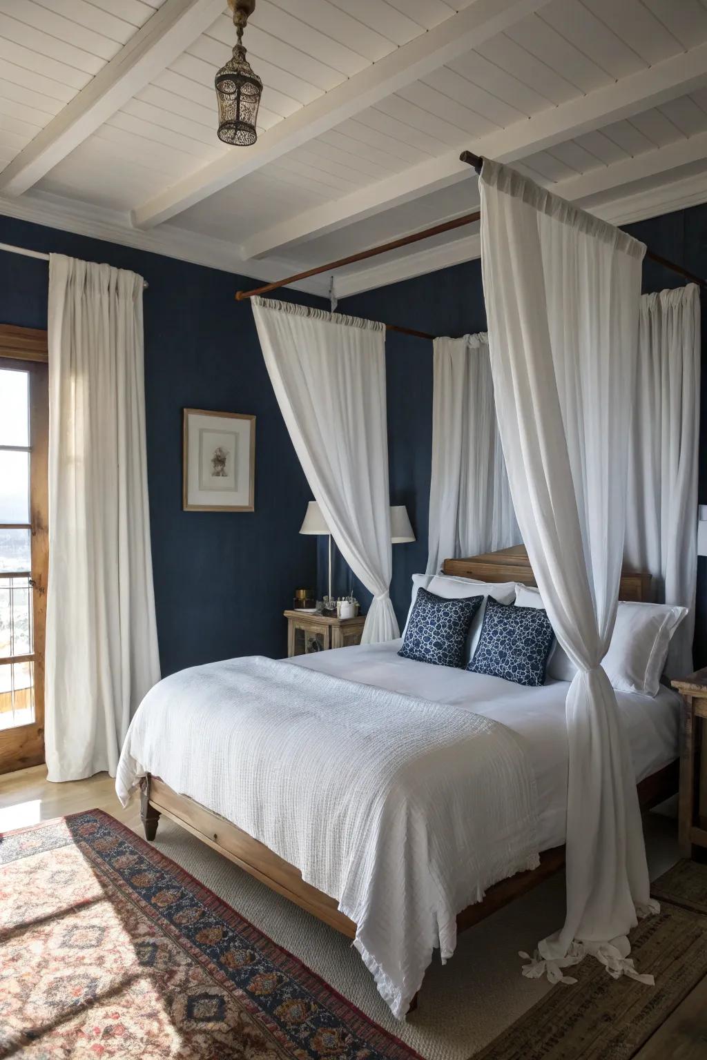 White details offer a refreshing comparison to deep blue walls.