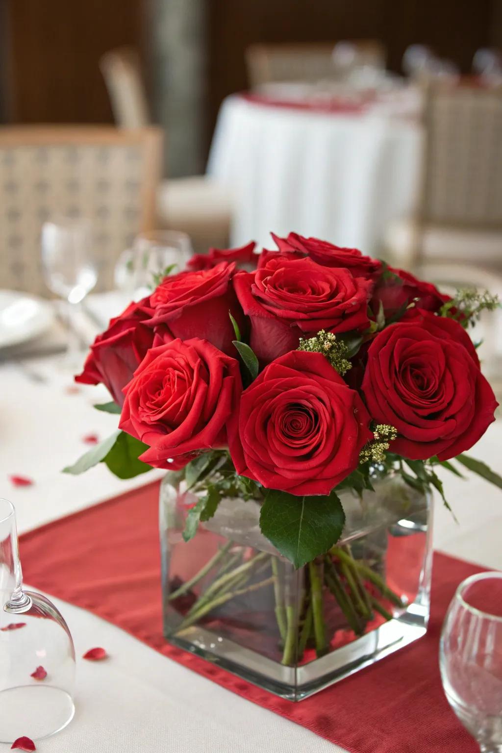 A short vase filled with red roses infuses your dinner table with romantic elegance.