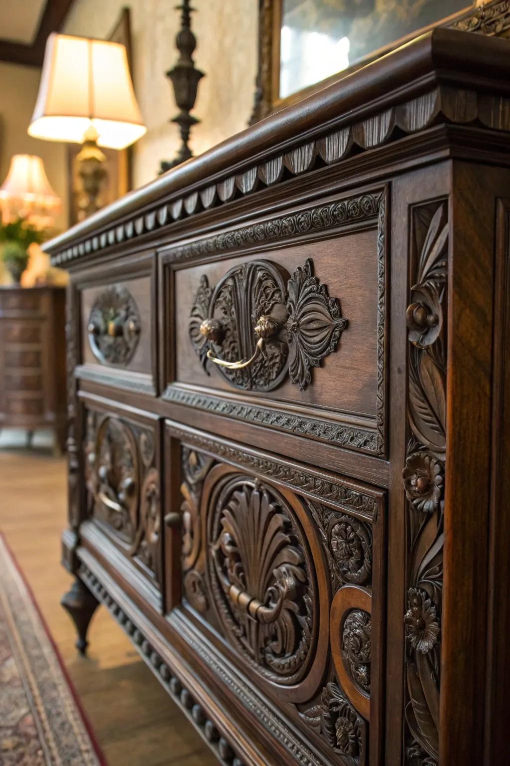Ornate furnishings with elaborate carvings impart Victorian grace to your space.