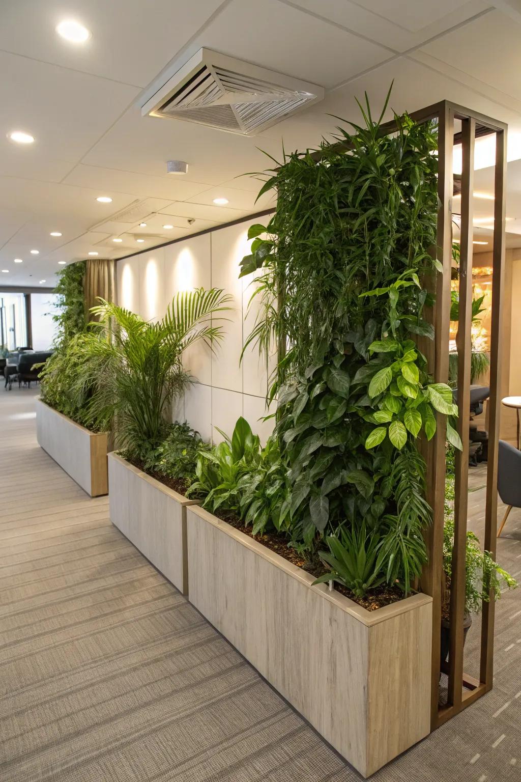 A room divider half wall enhanced with built-in planters, introducing a touch of the outdoors inside.
