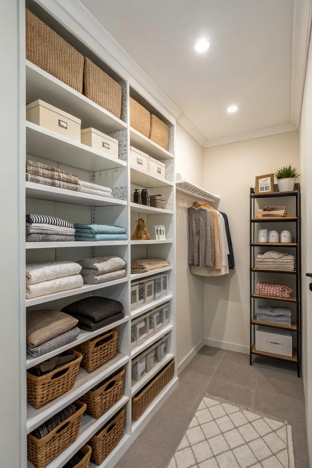 A room displaying vertical storage to optimize space efficiency.