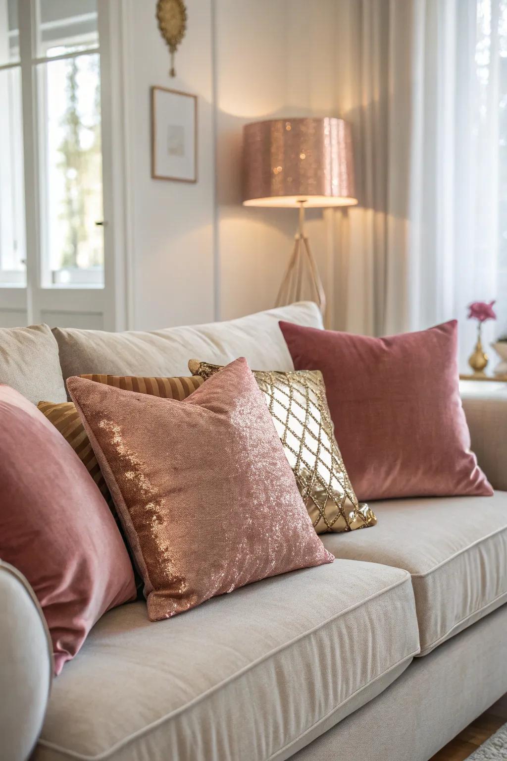 Velvet cushions in sunset sheen provide comfort and opulence to the area.