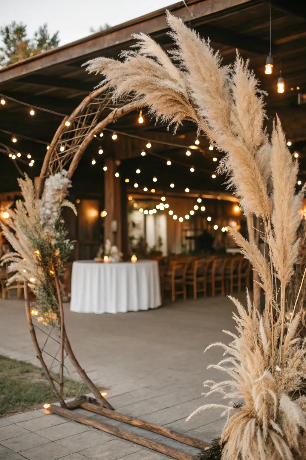 A country-inspired curved arch embellished with pampas for a bohemian flair.