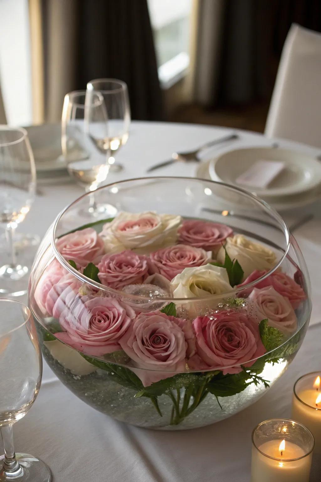 Flowers arranged under water in a glass bowl become a striking centerpiece.