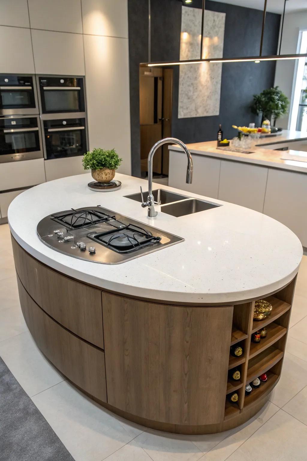 Smooth functionality with incorporated appliances in a circular island.