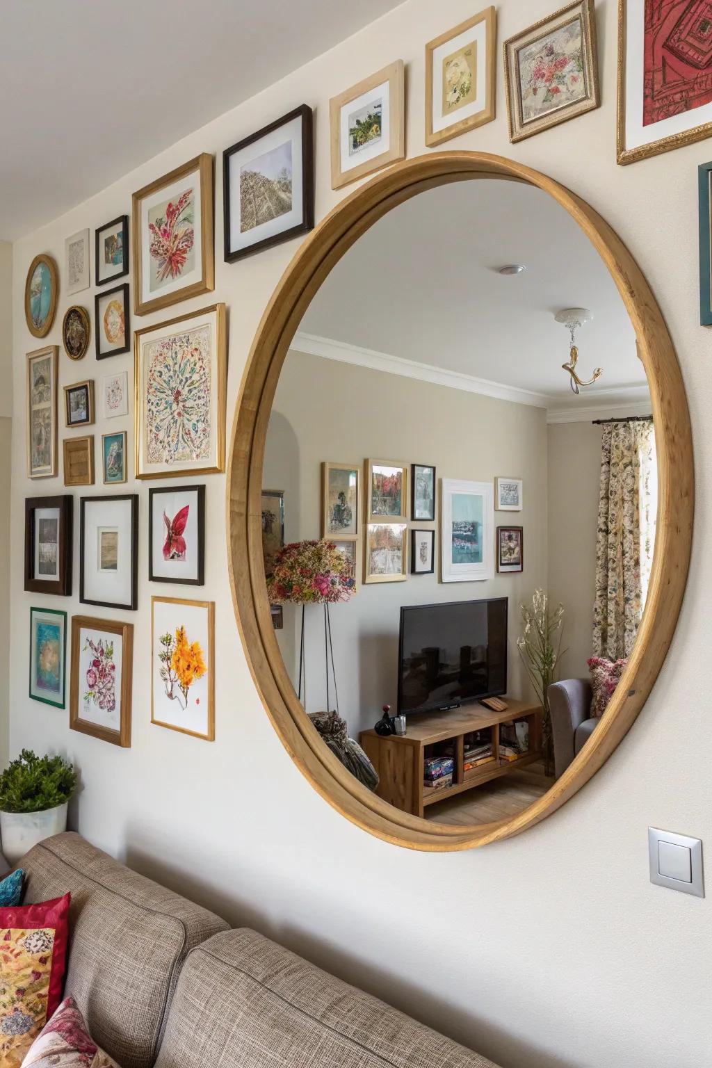 Layering a circular mirror with artwork to create a gallery-style display.