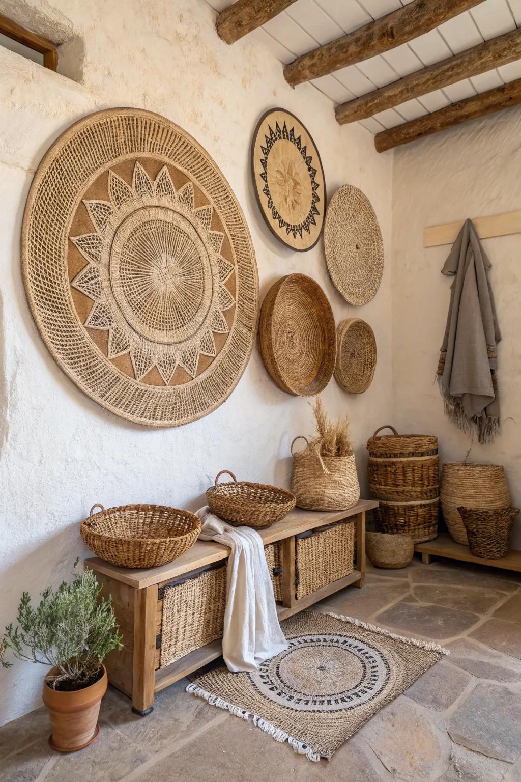 A rustic interior featuring circular woven wall decor crafted from natural materials.