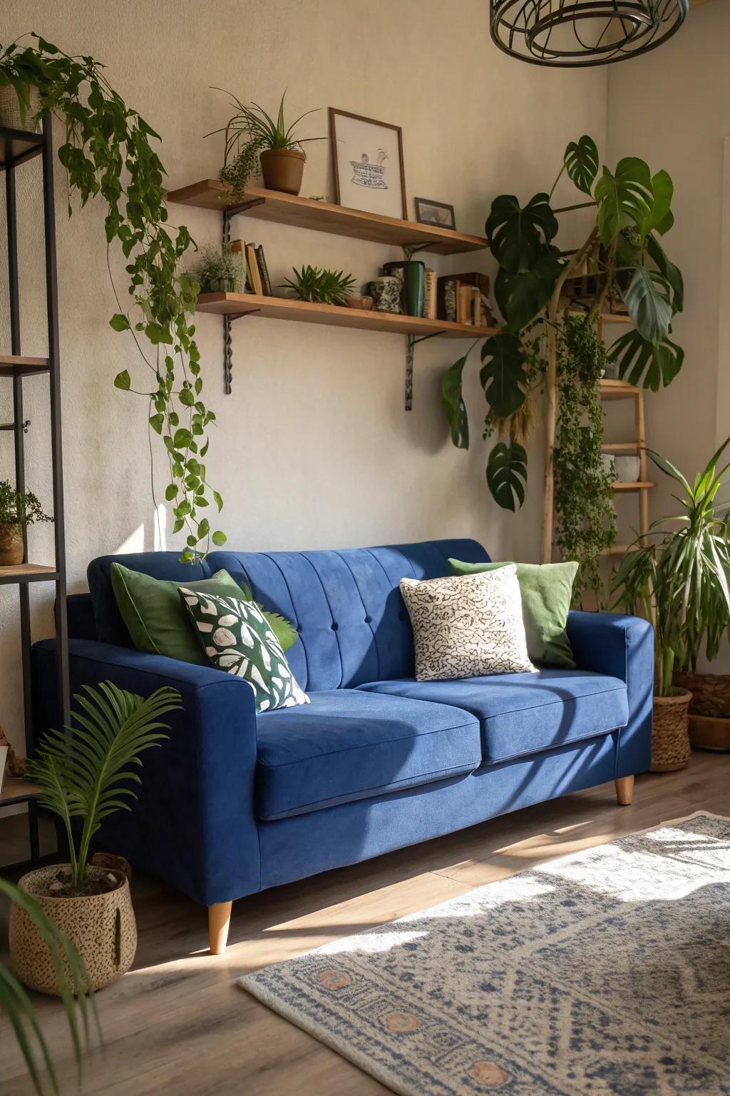 Lush verdant plants deliver a lively and energizing contrast to the sapphire-colored couch.