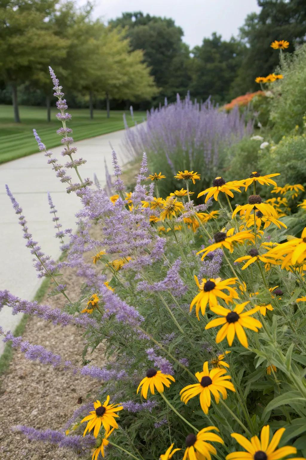 A cheerful garden duo with Azure blooms and sunny golden daisies.