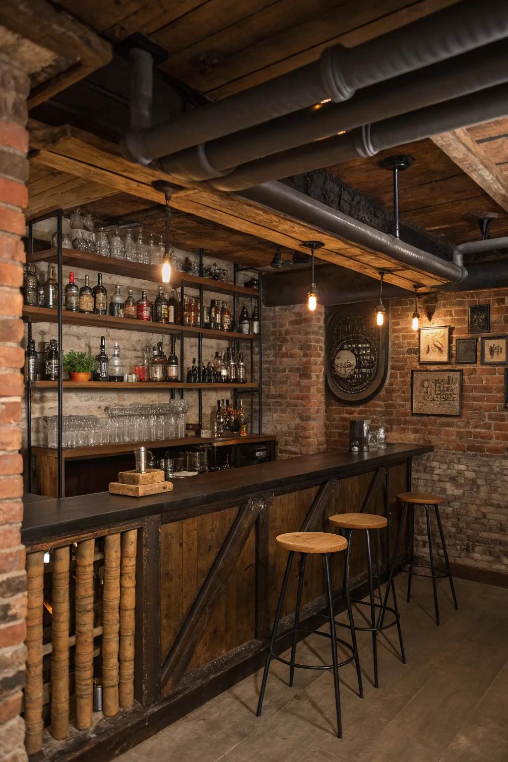 Plumbing conduit shelving introducing a modern yet country-style accent.