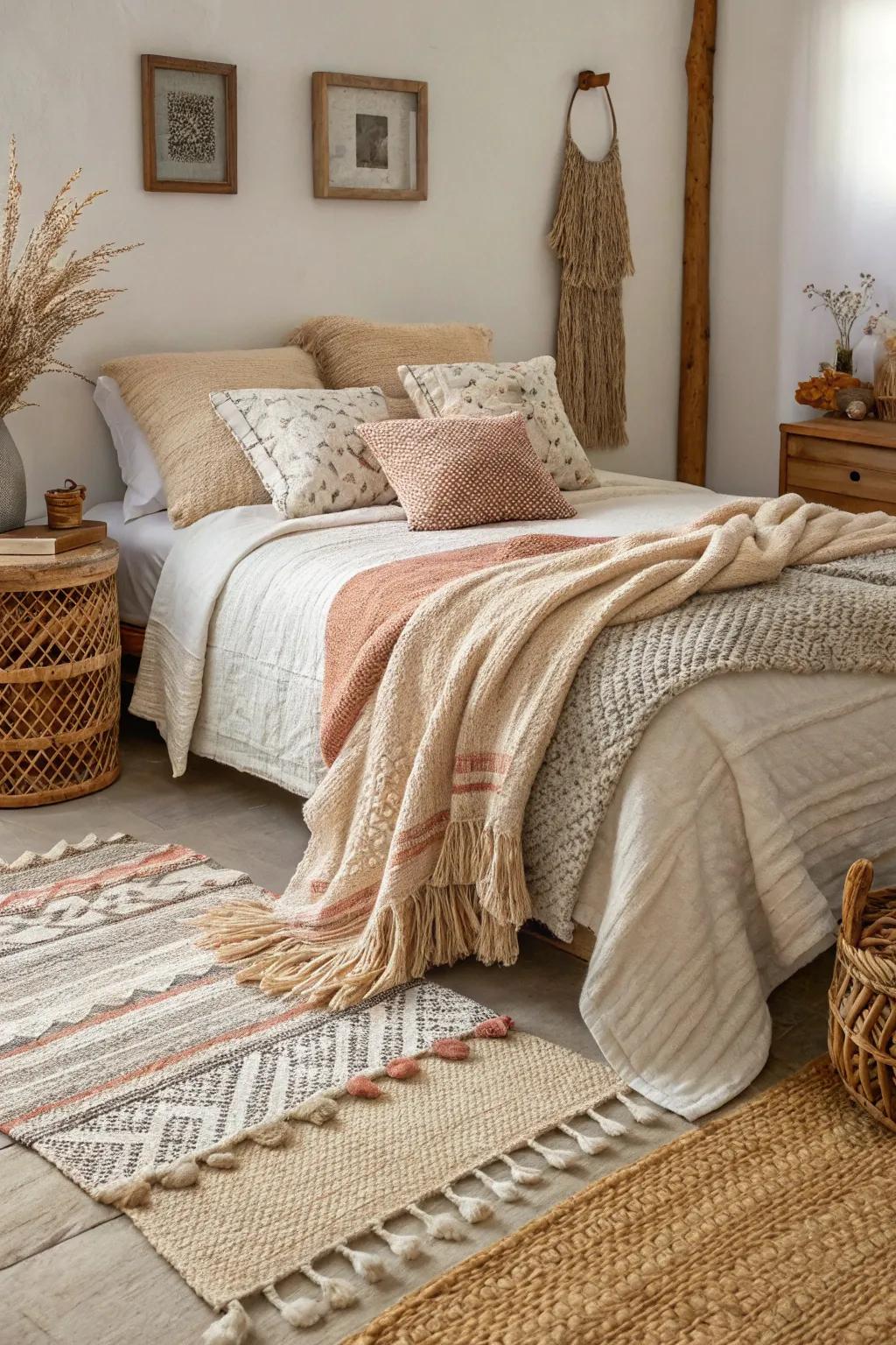 Layered textiles bring warmth and texture to this rustic bedroom.