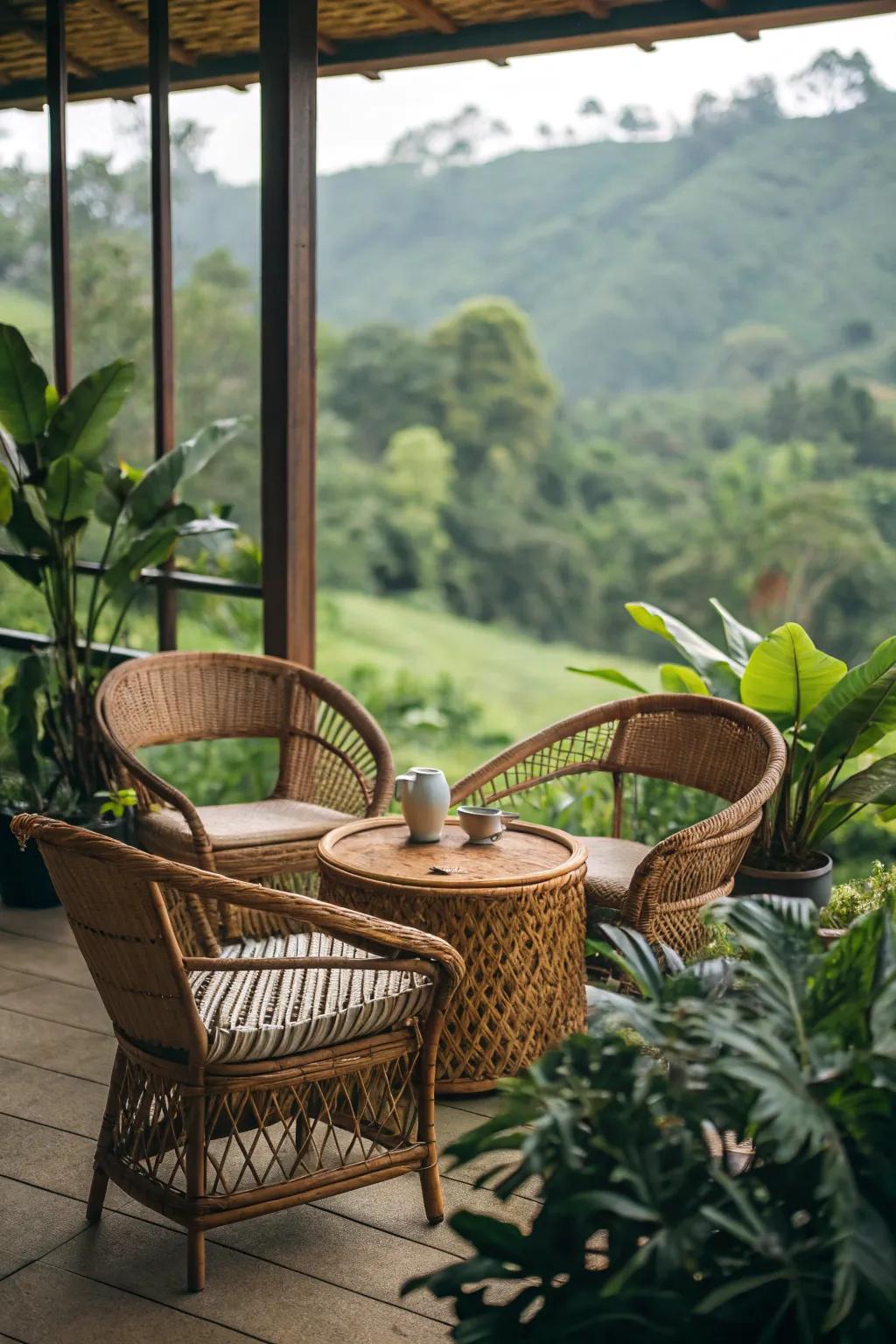 Cane and wickerwork components deliver a light and natural sensation to the decor.