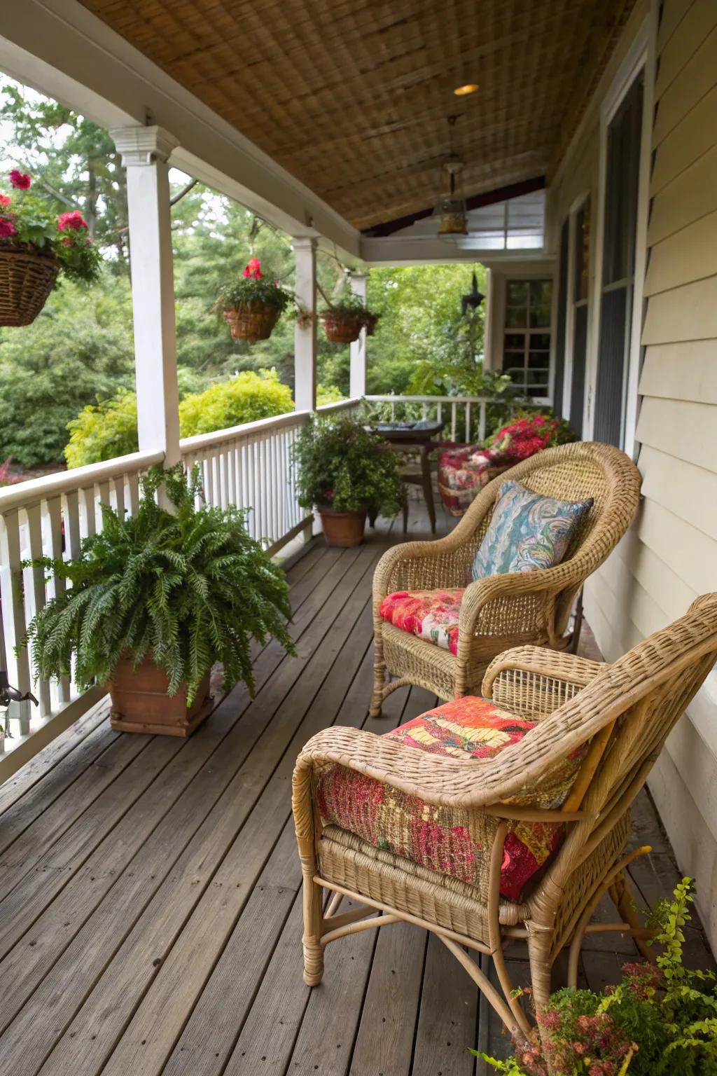 Unwind stylishly with soothing sanctuaries on your rustic porch.
