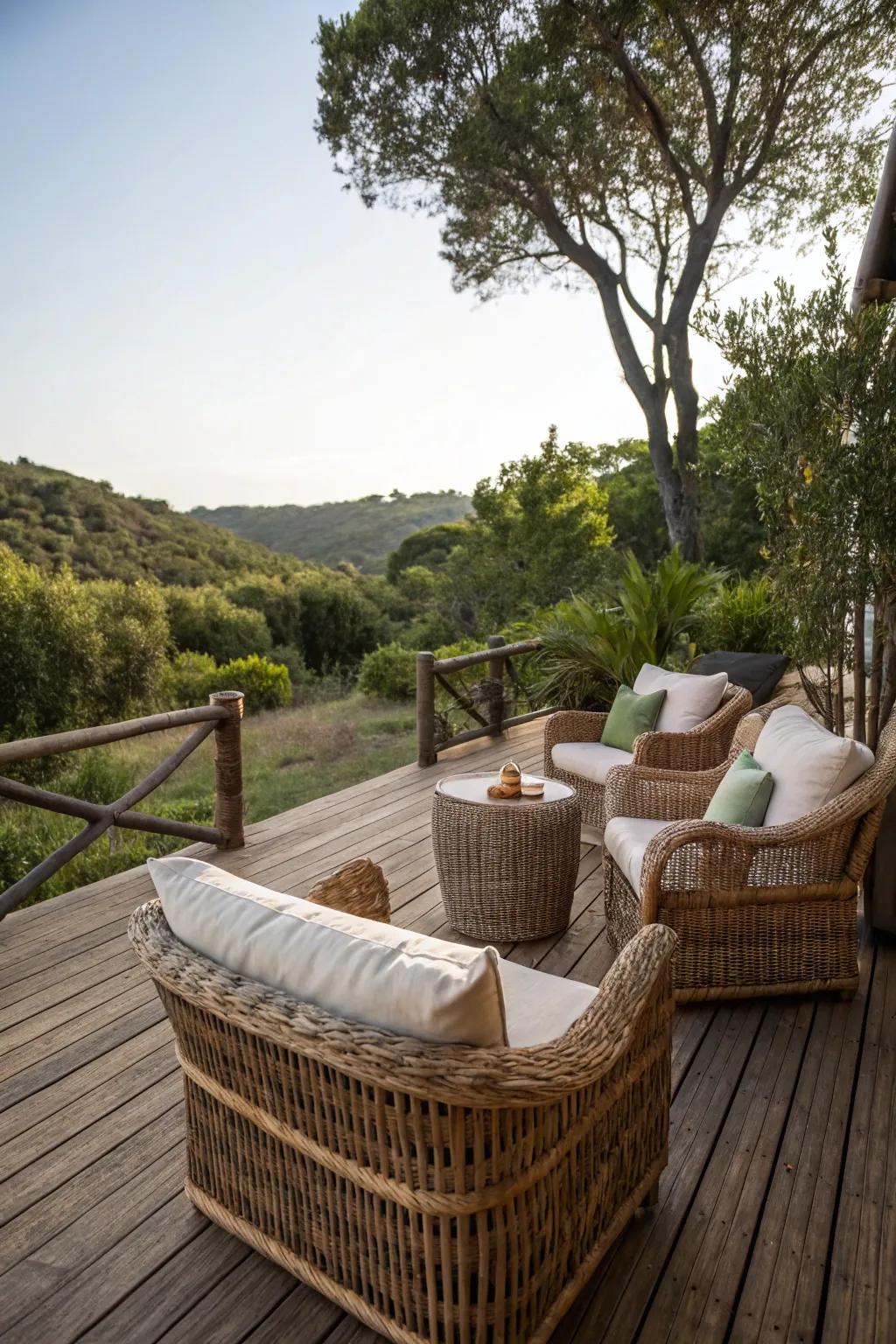Delicate textiles and woven fiber furnishings enhance the welcoming atmosphere of this patio.