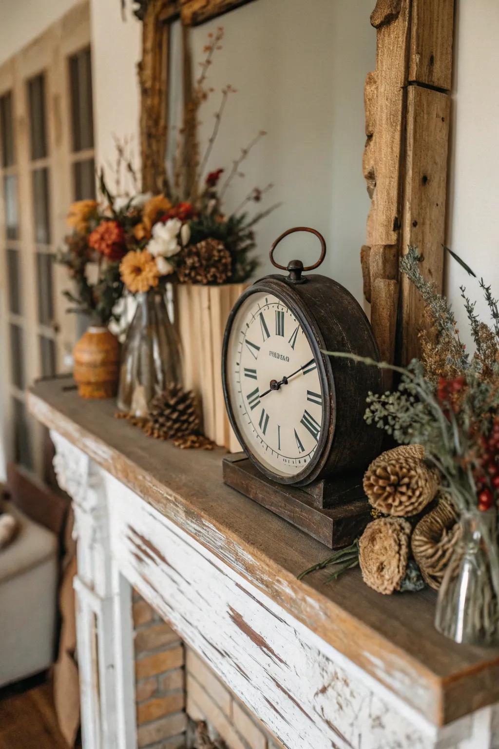A mantel embellished with a classic timepiece and countryside accents.
