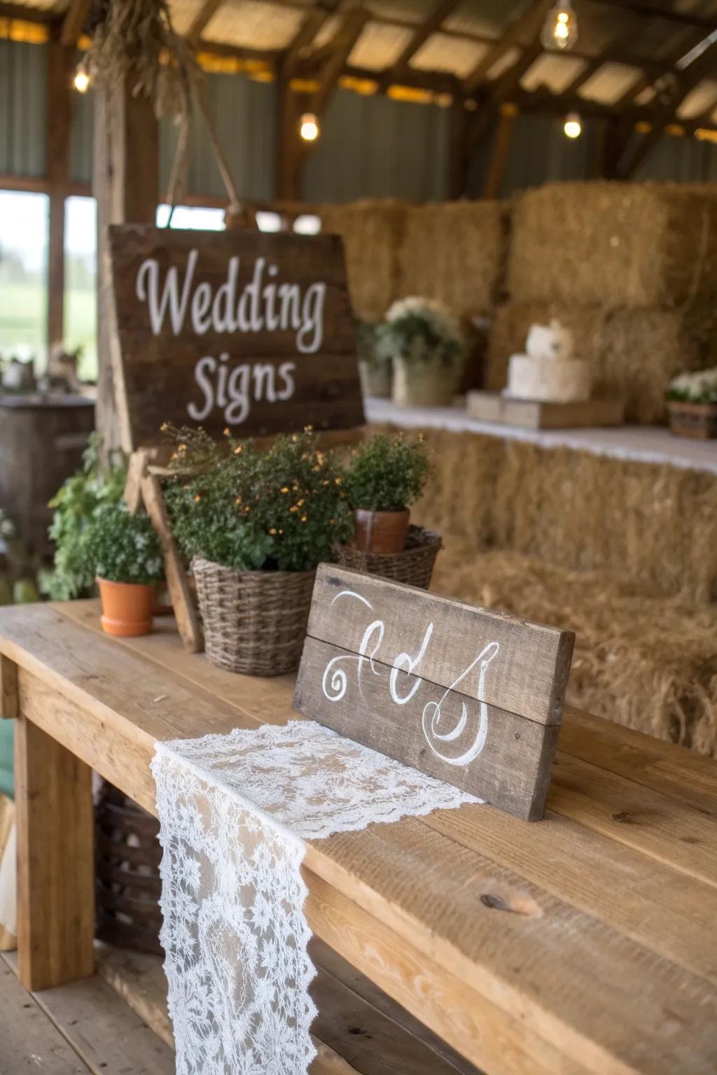 Individualized timber signs guide attendees with allure.