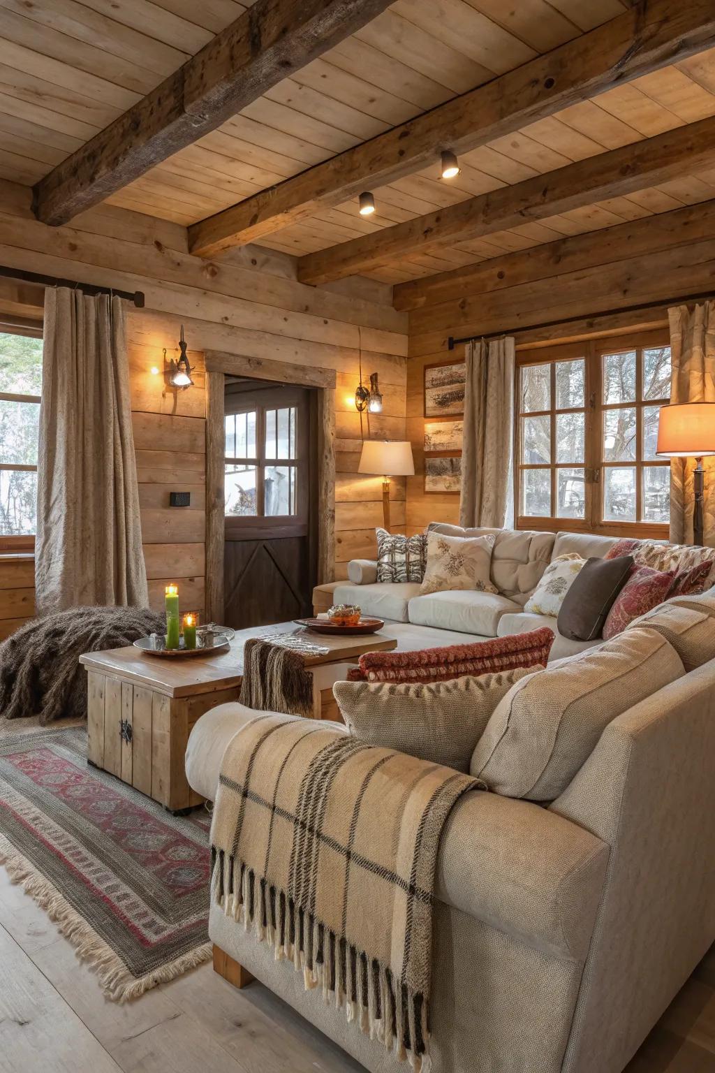 Lavish furnishings and layered fabrics fashion a comfortable family room.