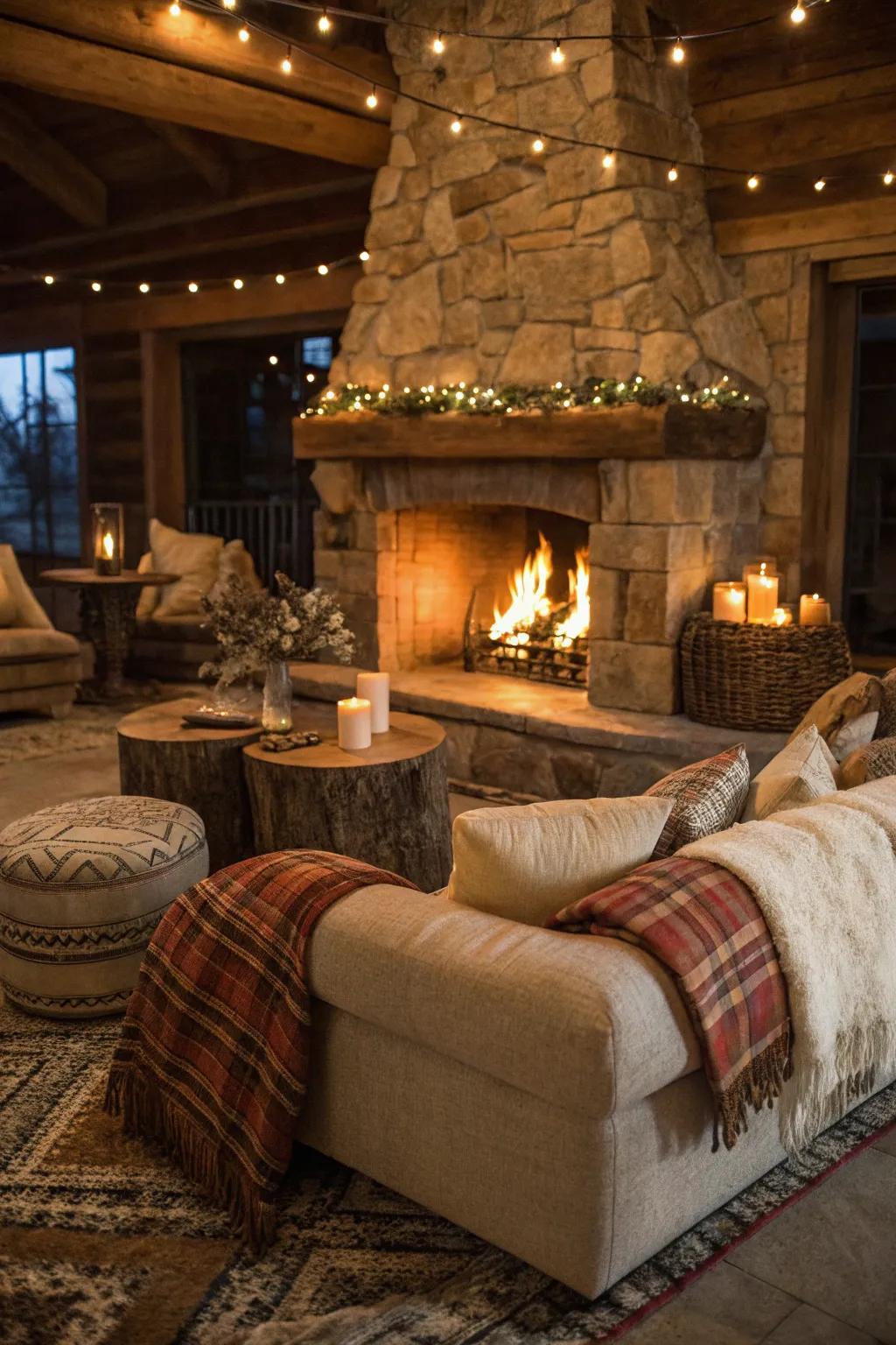 Lavish chairs enhances the relaxing atmosphere of this countryside fireplace arrangement.