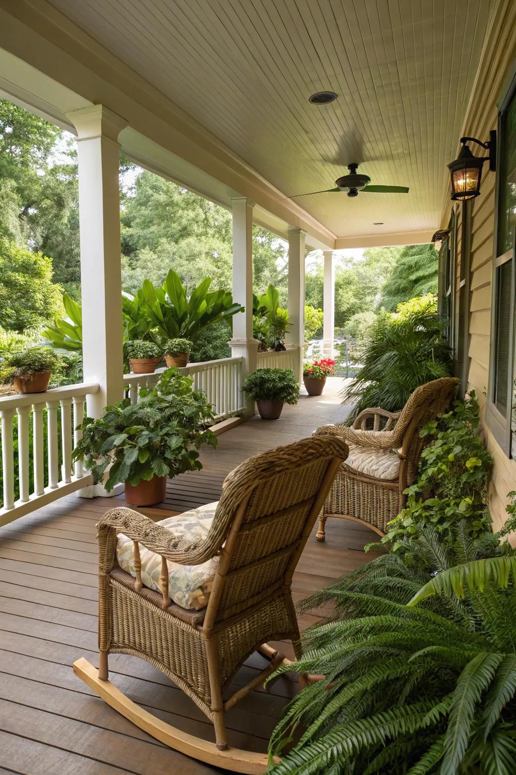 Comfortable seating with wicker furniture and rocking chairs for a cozy porch.