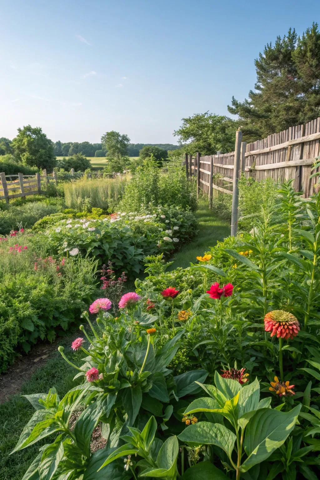 A lively garden bursting with verdure and blossoms.